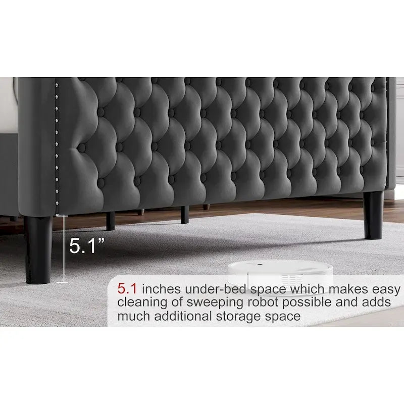 King Size Velvet Platform Bed with Upholstered Headboard