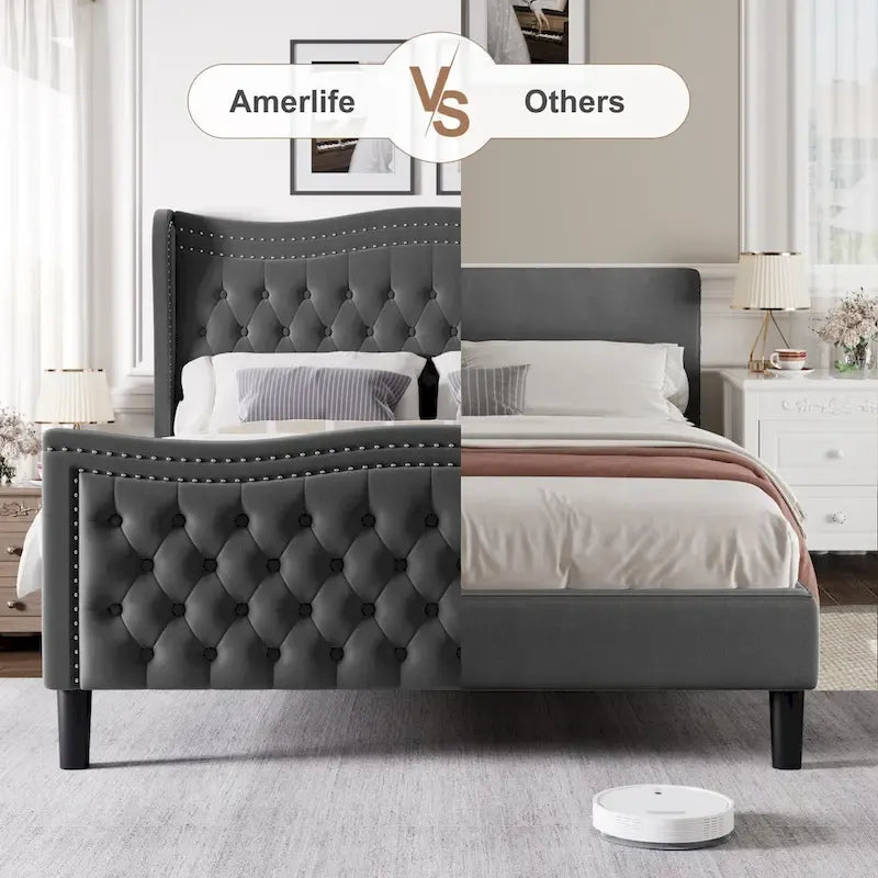 King Size Velvet Platform Bed with Upholstered Headboard