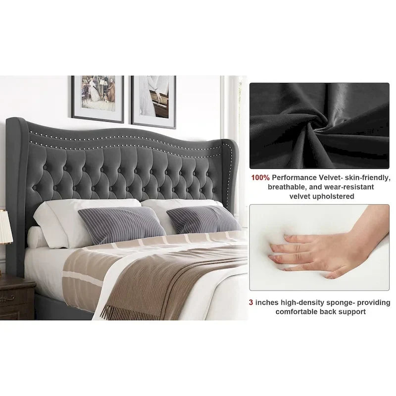 King Size Velvet Platform Bed with Upholstered Headboard