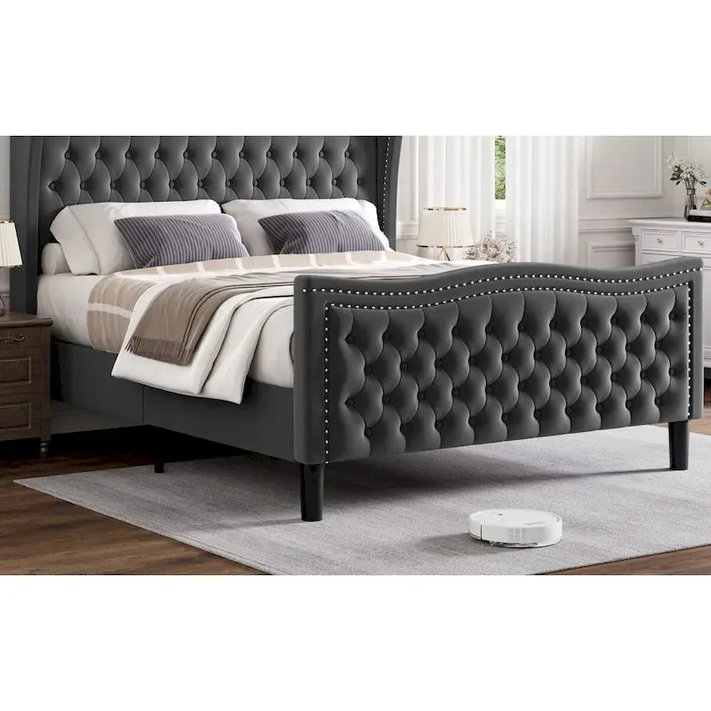 King Size Velvet Platform Bed with Upholstered Headboard