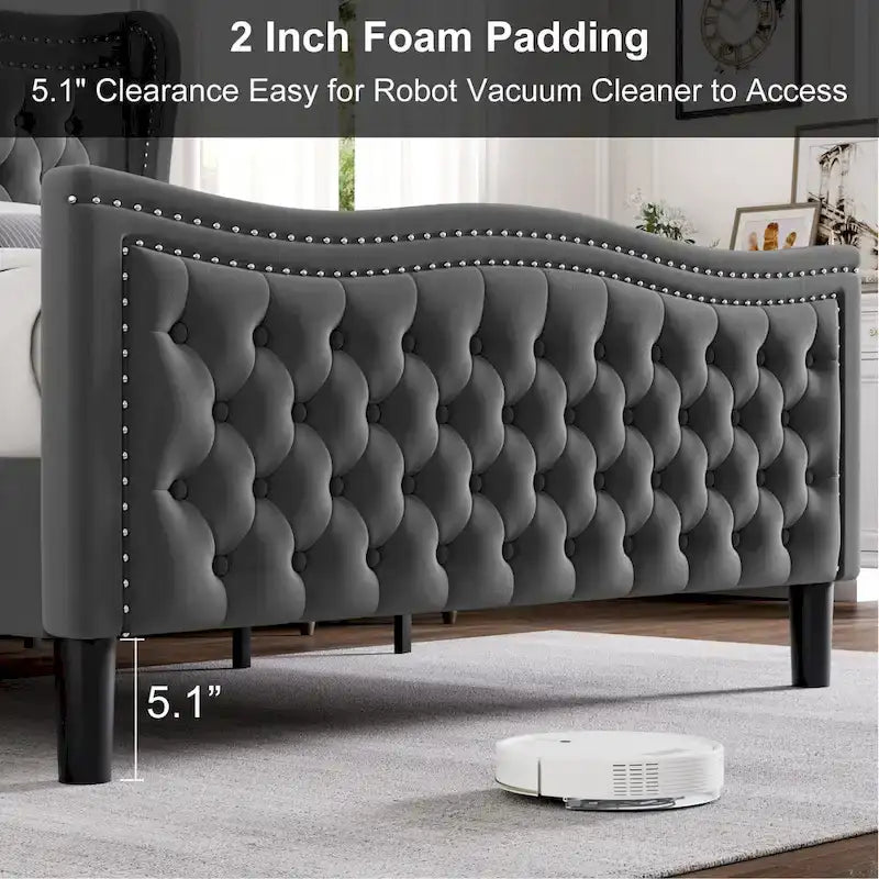 King Size Velvet Platform Bed with Upholstered Headboard