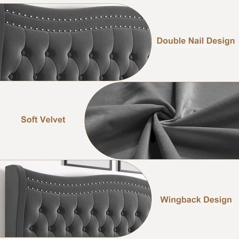 King Size Velvet Platform Bed with Upholstered Headboard