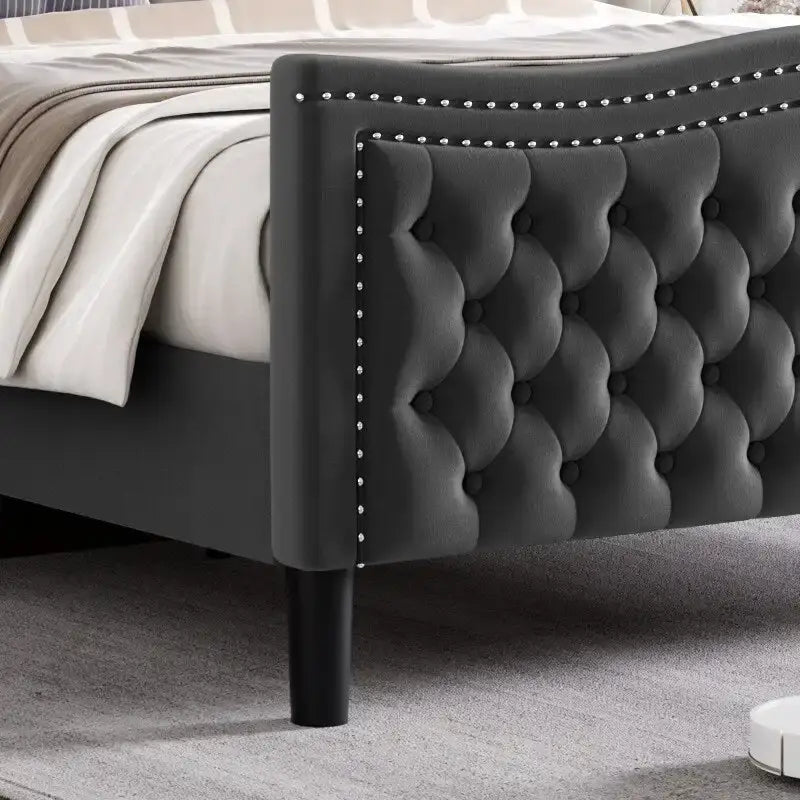 King Size Velvet Platform Bed with Upholstered Headboard