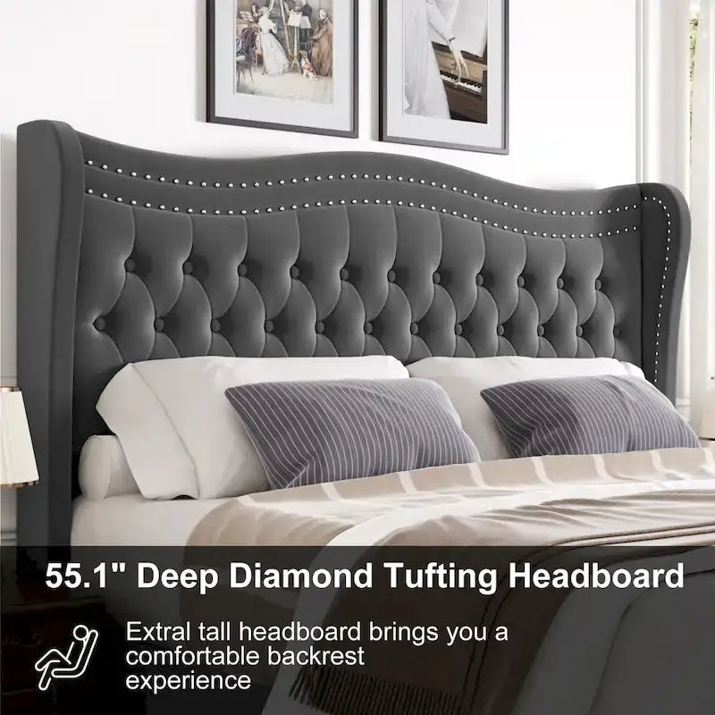 King Size Velvet Platform Bed with Upholstered Headboard