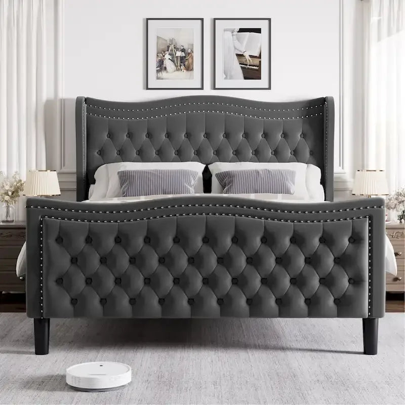 King Size Velvet Platform Bed with Upholstered Headboard