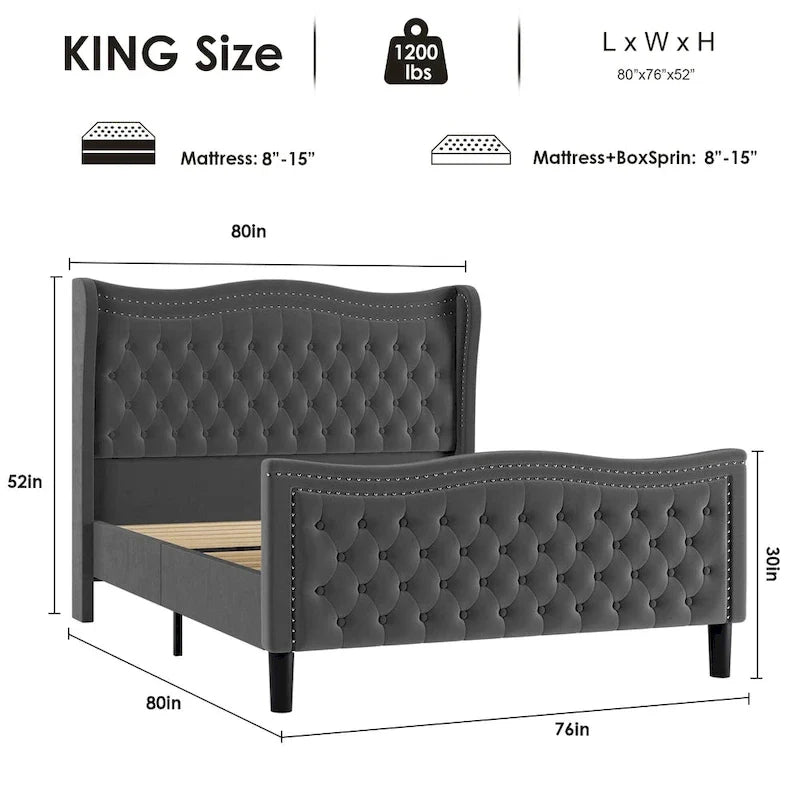 King Size Velvet Platform Bed with Upholstered Headboard
