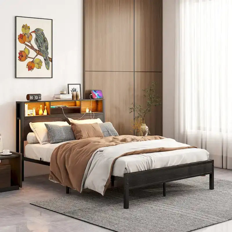 Full Size Metal Platform Bed with Storage Headboard and Charging Station - Black