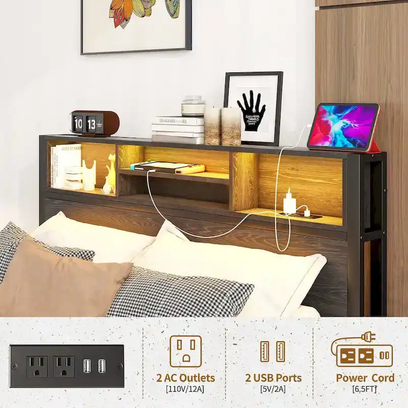 Full Size Metal Platform Bed with Storage Headboard and Charging Station - Black