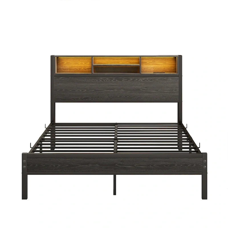 Full Size Metal Platform Bed with Storage Headboard and Charging Station - Black
