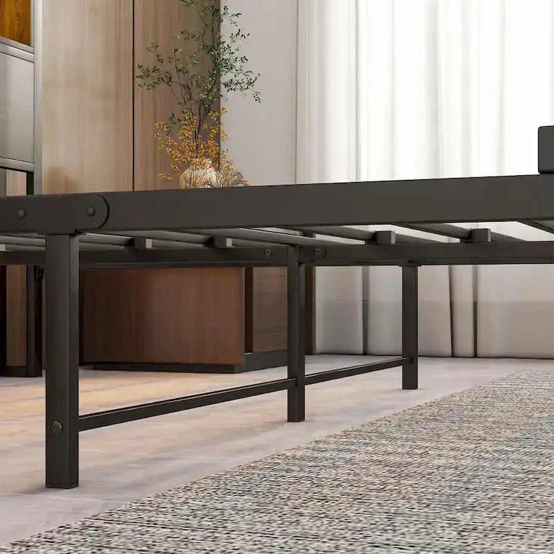 Full Size Metal Platform Bed with Storage Headboard and Charging Station - Black