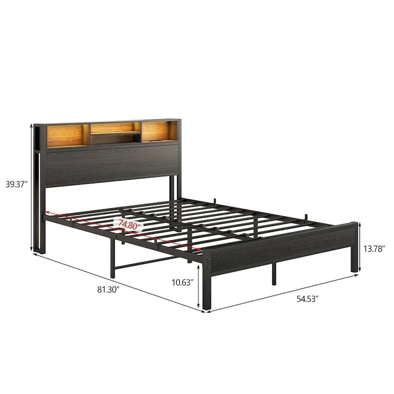 Full Size Metal Platform Bed with Storage Headboard and Charging Station - Black