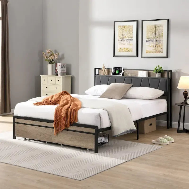 Full Size Metal Platform Bed with Wooden Headboard