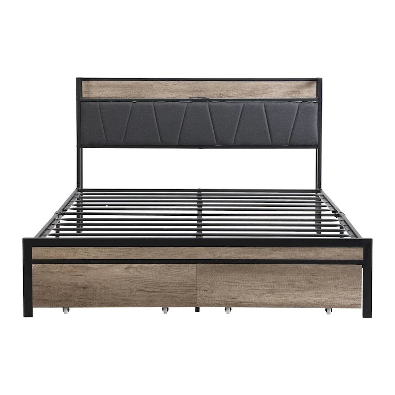 Full Size Metal Platform Bed with Wooden Headboard