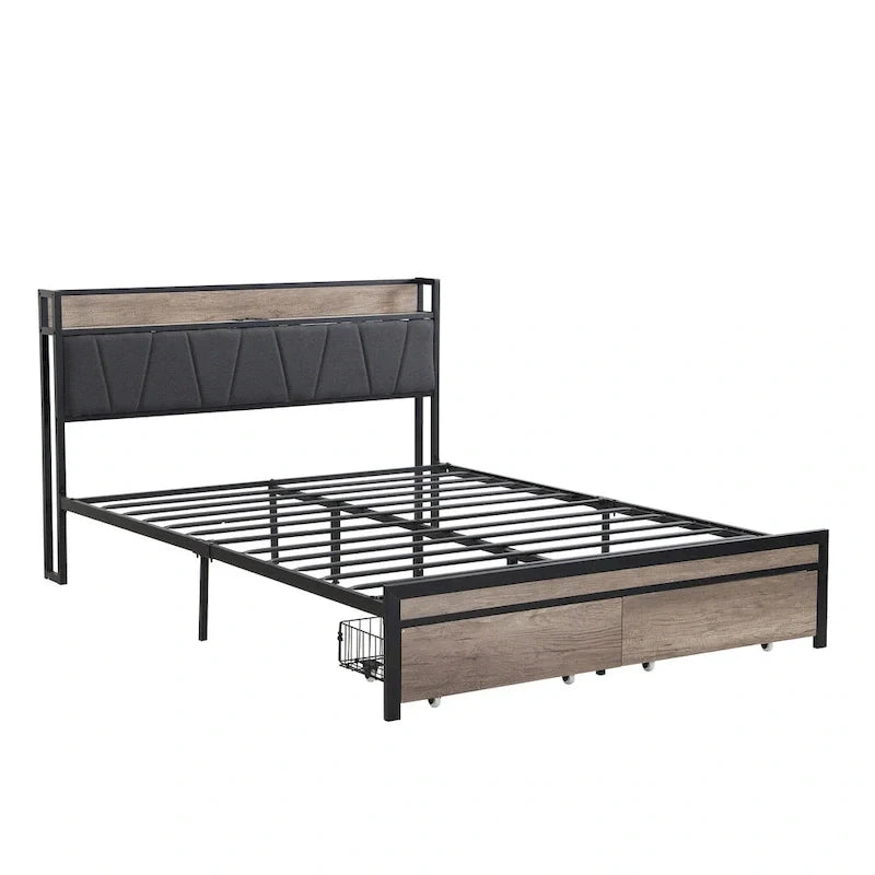 Full Size Metal Platform Bed with Wooden Headboard
