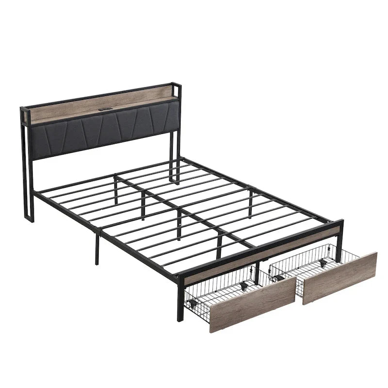Full Size Metal Platform Bed with Wooden Headboard