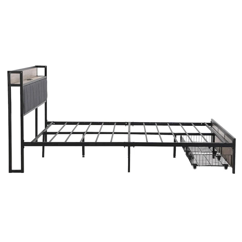 Full Size Metal Platform Bed with Wooden Headboard