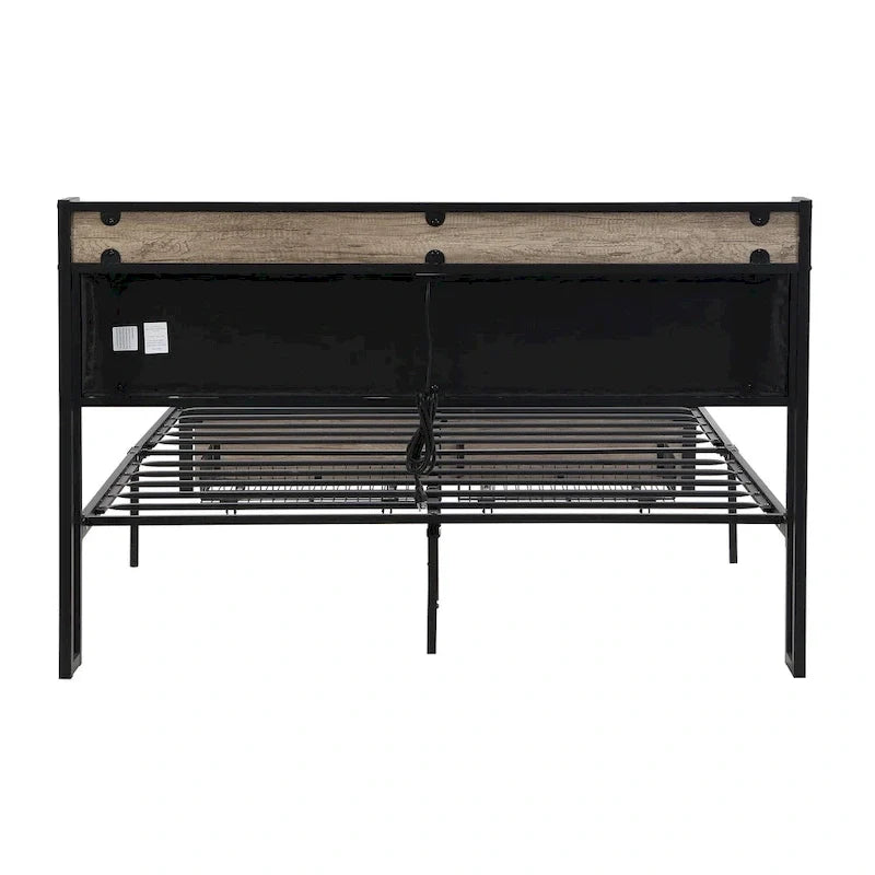 Full Size Metal Platform Bed with Wooden Headboard