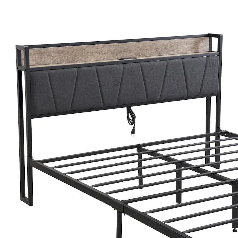 Full Size Metal Platform Bed with Wooden Headboard