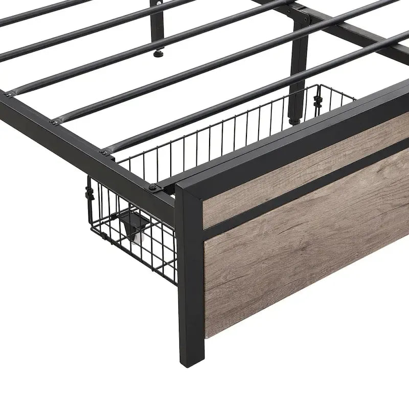Full Size Metal Platform Bed with Wooden Headboard