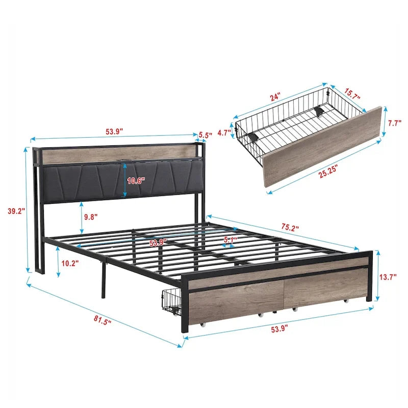 Full Size Metal Platform Bed with Wooden Headboard