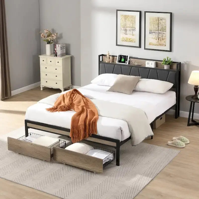 Full Size Metal Platform Bed with Wooden Headboard