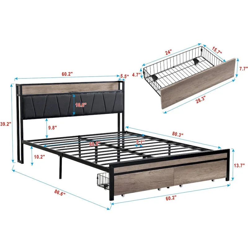 Full Size Metal Platform Bed with Wooden Headboard