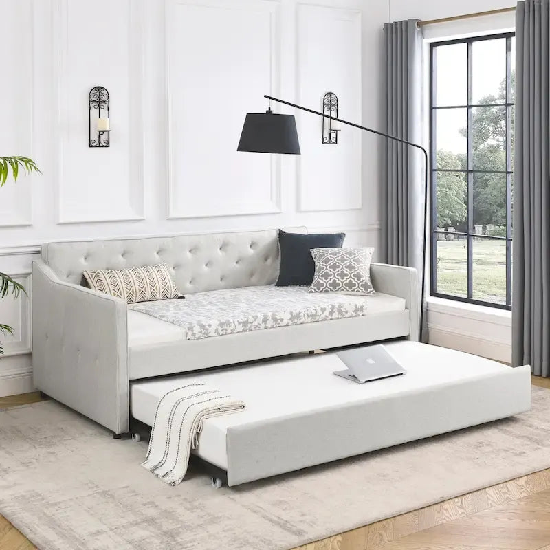 Twin Size Linen Daybed with Trundle and Tufted Back