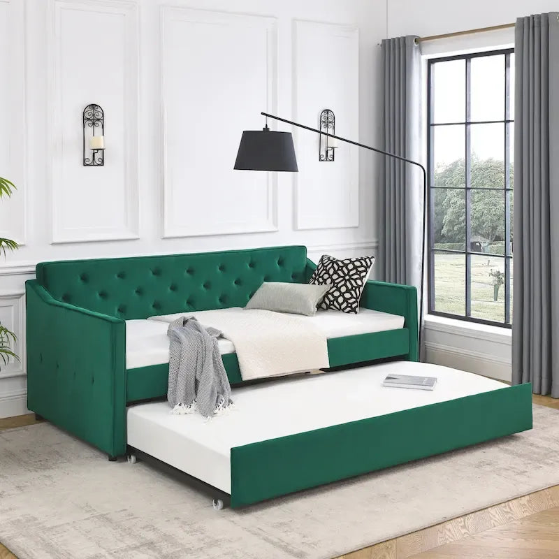 Twin Size Linen Daybed with Trundle and Tufted Back