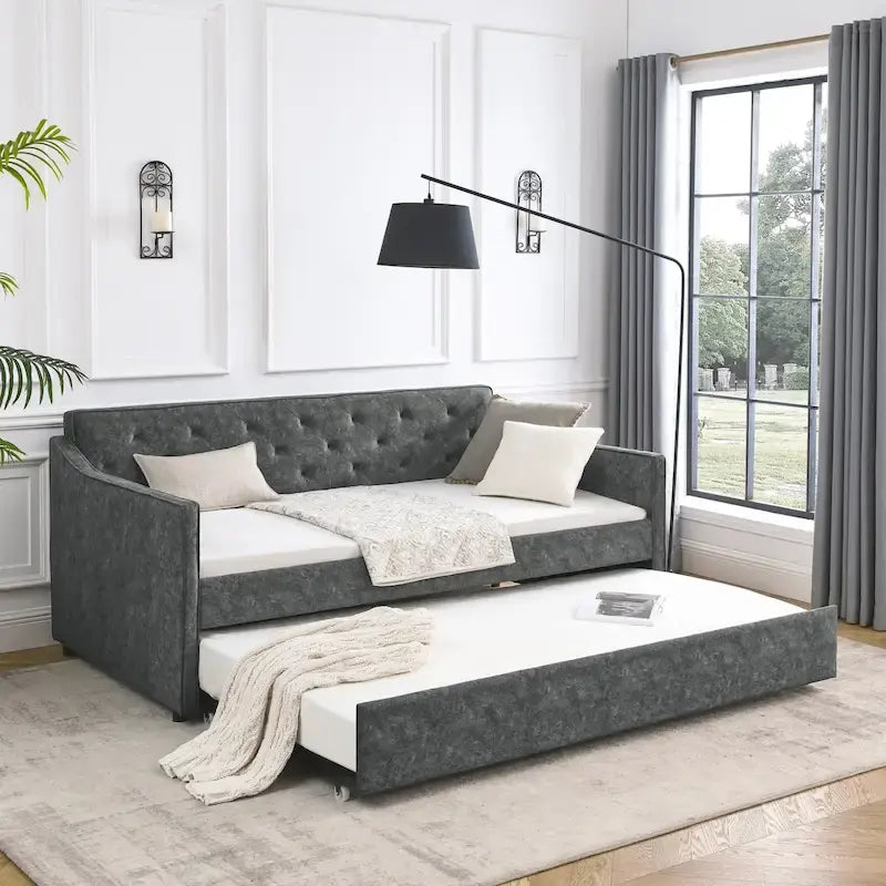 Twin Size Linen Daybed with Trundle and Tufted Back