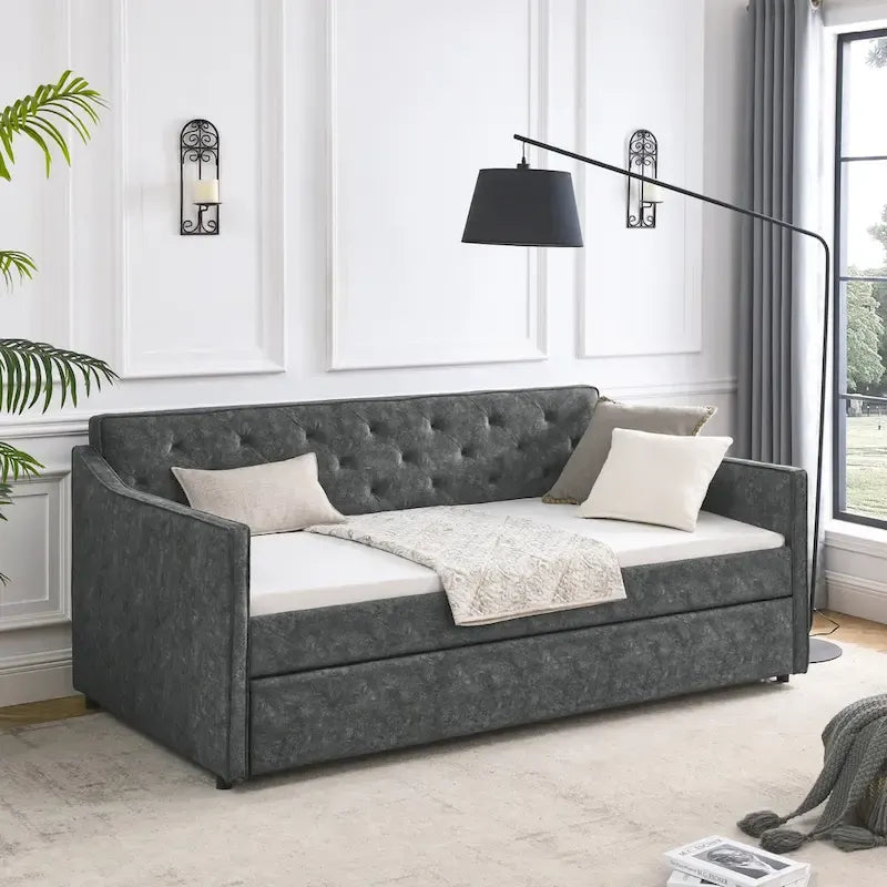 Twin Size Linen Daybed with Trundle and Tufted Back