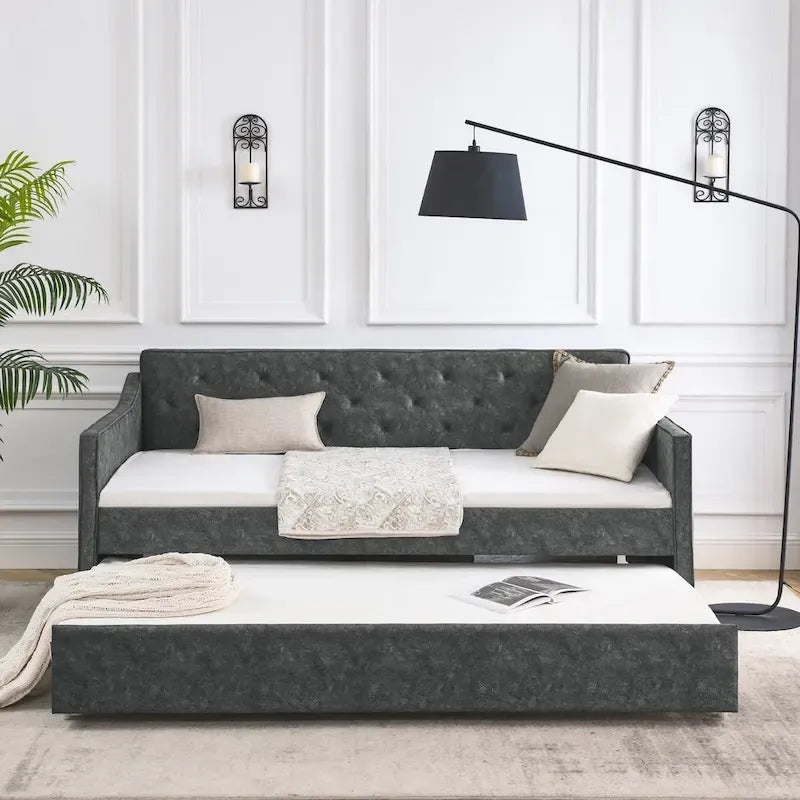 Twin Size Linen Daybed with Trundle and Tufted Back