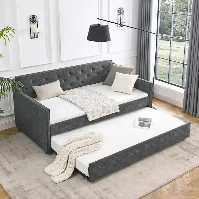 Twin Size Linen Daybed with Trundle and Tufted Back