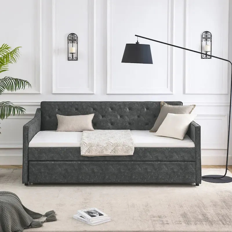 Twin Size Linen Daybed with Trundle and Tufted Back