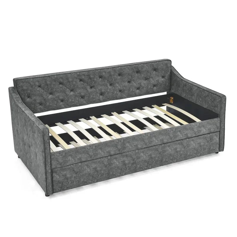 Twin Size Linen Daybed with Trundle and Tufted Back