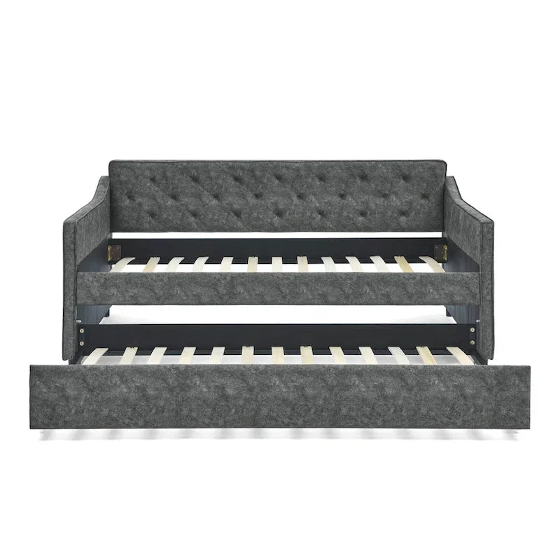 Twin Size Linen Daybed with Trundle and Tufted Back