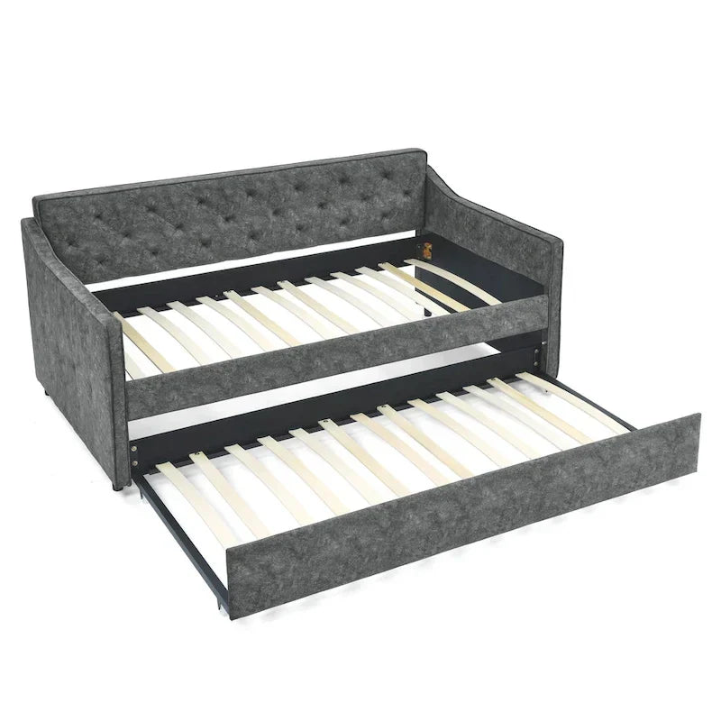 Twin Size Linen Daybed with Trundle and Tufted Back