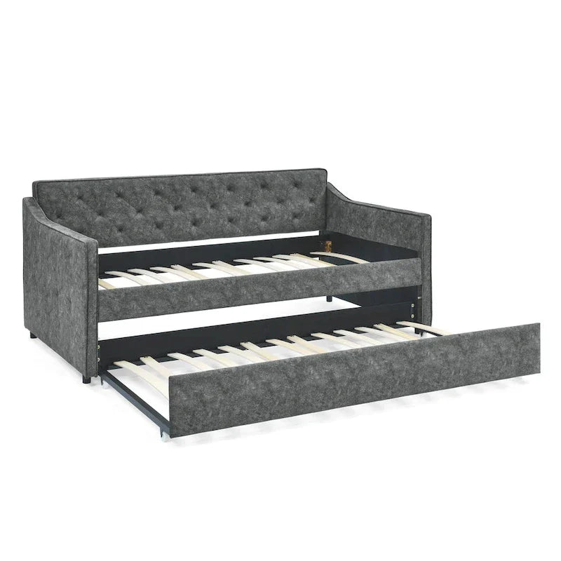 Twin Size Linen Daybed with Trundle and Tufted Back