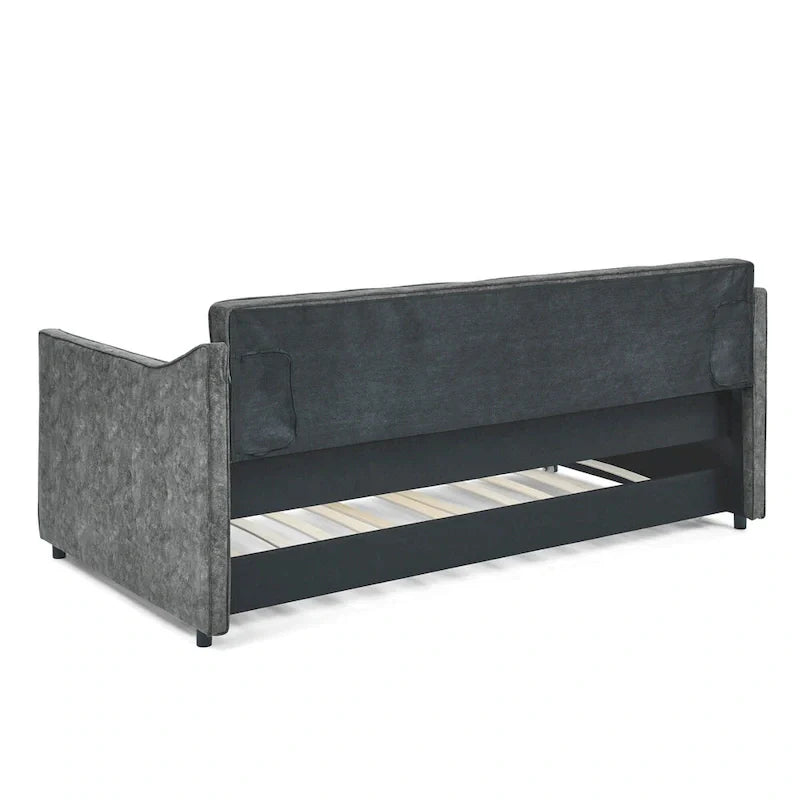 Twin Size Linen Daybed with Trundle and Tufted Back