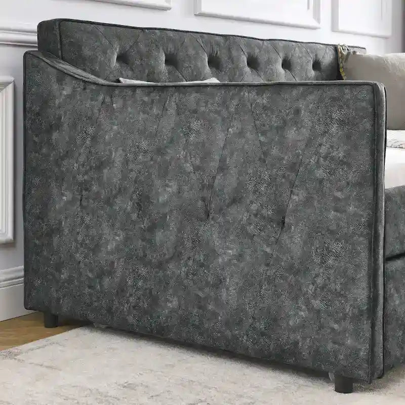 Twin Size Linen Daybed with Trundle and Tufted Back