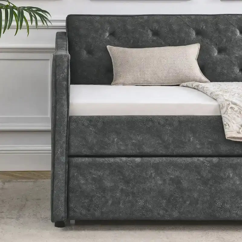 Twin Size Linen Daybed with Trundle and Tufted Back