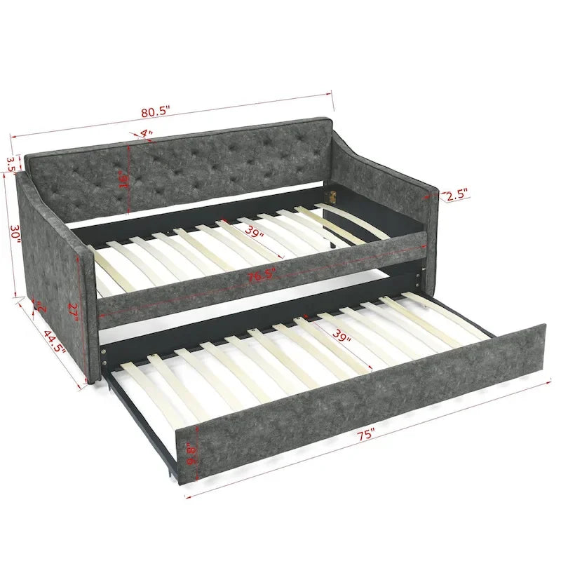 Twin Size Linen Daybed with Trundle and Tufted Back