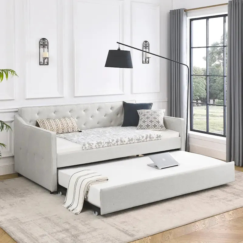 Twin Size Linen Daybed with Trundle and Tufted Back