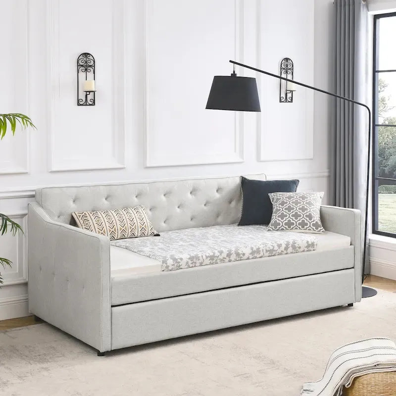 Twin Size Linen Daybed with Trundle and Tufted Back