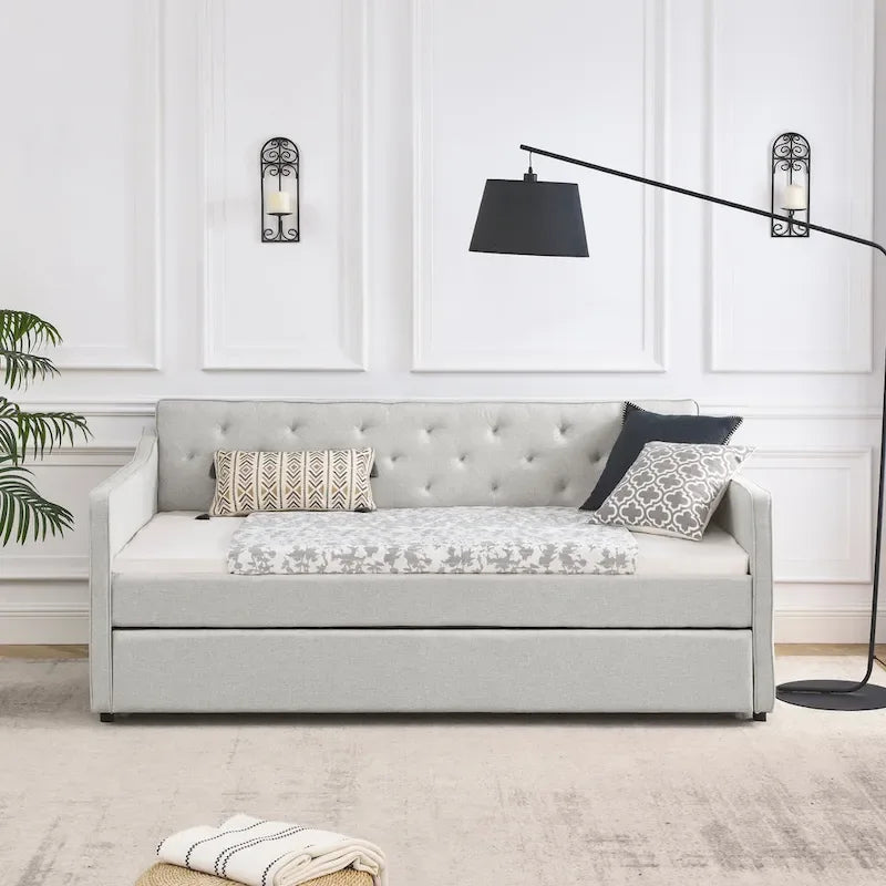 Twin Size Linen Daybed with Trundle and Tufted Back
