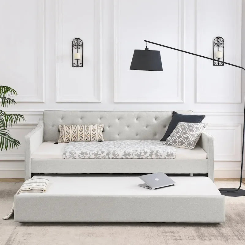 Twin Size Linen Daybed with Trundle and Tufted Back