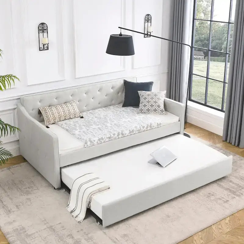 Twin Size Linen Daybed with Trundle and Tufted Back