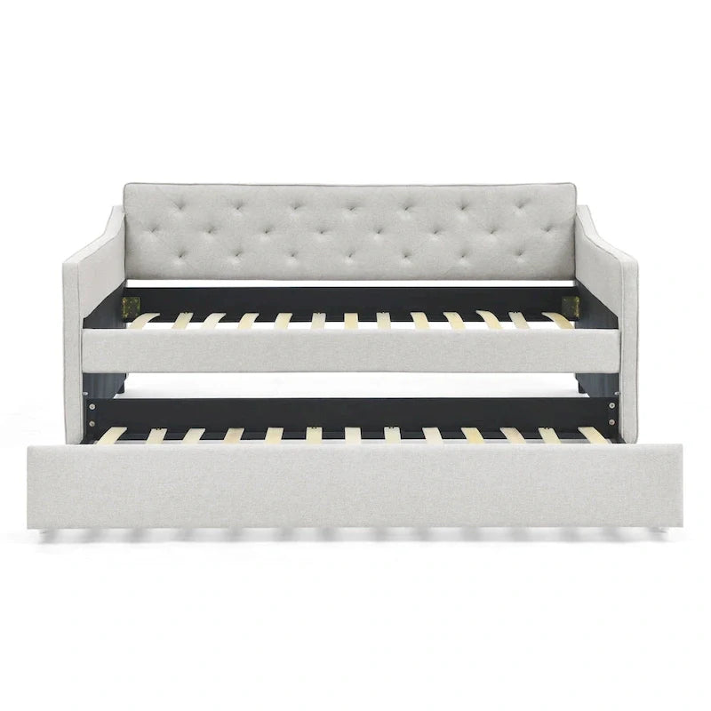 Twin Size Linen Daybed with Trundle and Tufted Back