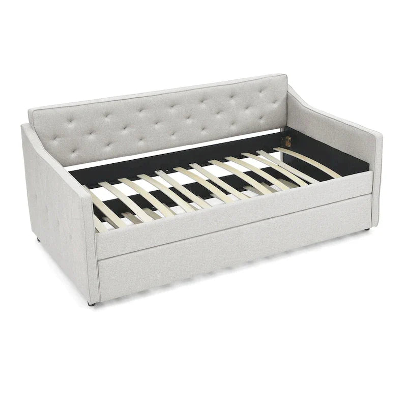 Twin Size Linen Daybed with Trundle and Tufted Back