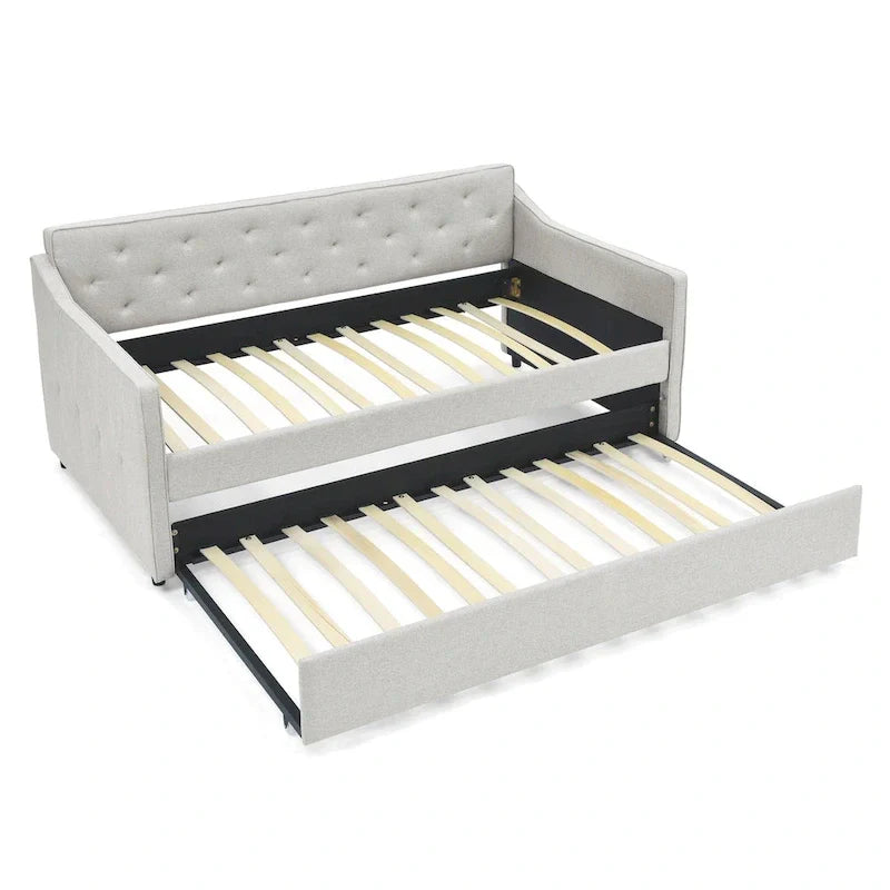 Twin Size Linen Daybed with Trundle and Tufted Back
