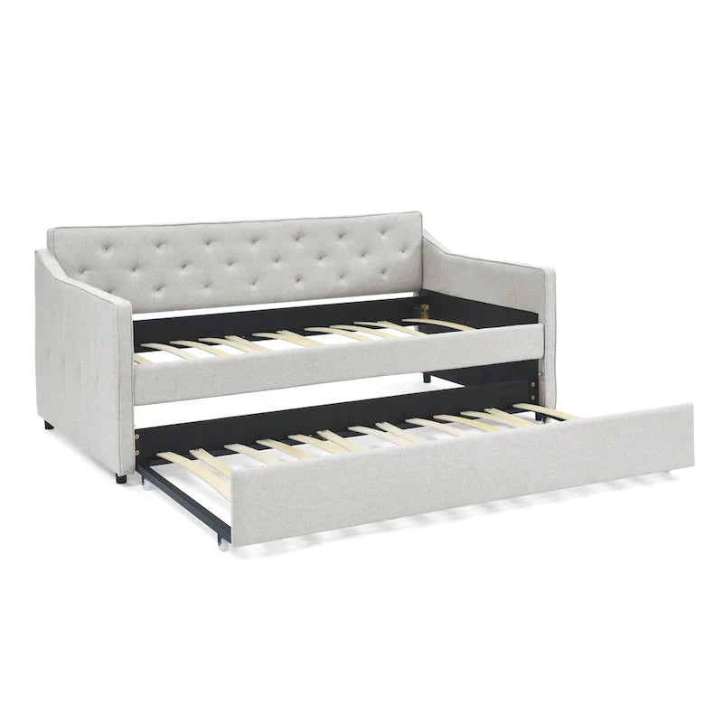 Twin Size Linen Daybed with Trundle and Tufted Back